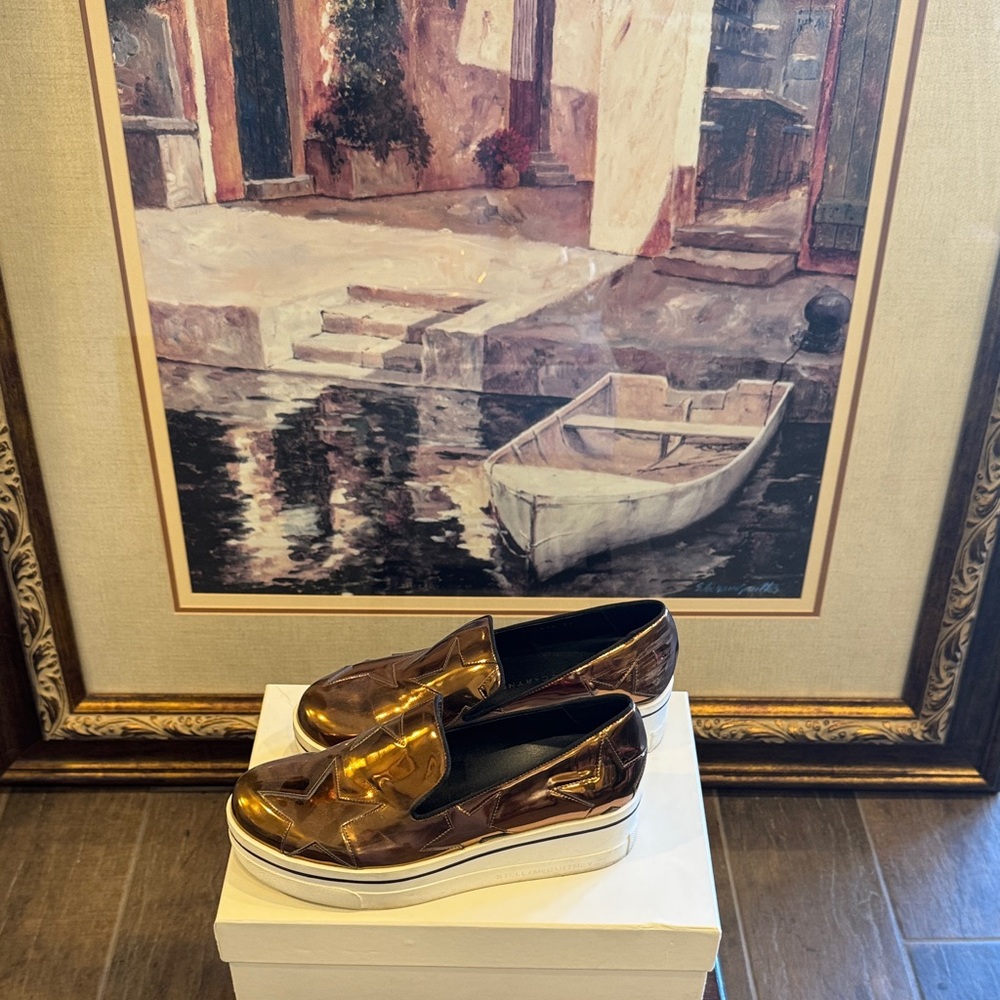 Stella McCartney Metallic Gold Slip-On Wedges